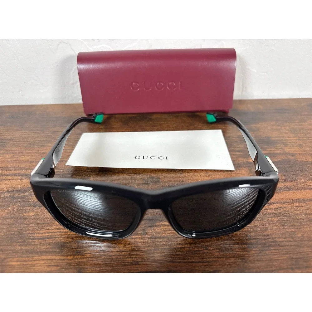 Gucci GG1630S 001 Black Square Sunglasses Green Accents Made in Italy